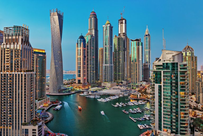 General View Of Dubai Marina At Dusk From The Top