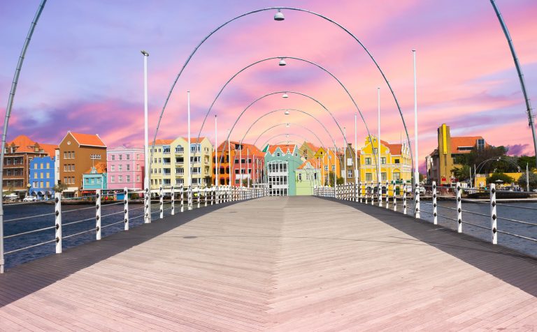 Floating Pantoon Bridge In Willemstad, Curacao, Evening Time